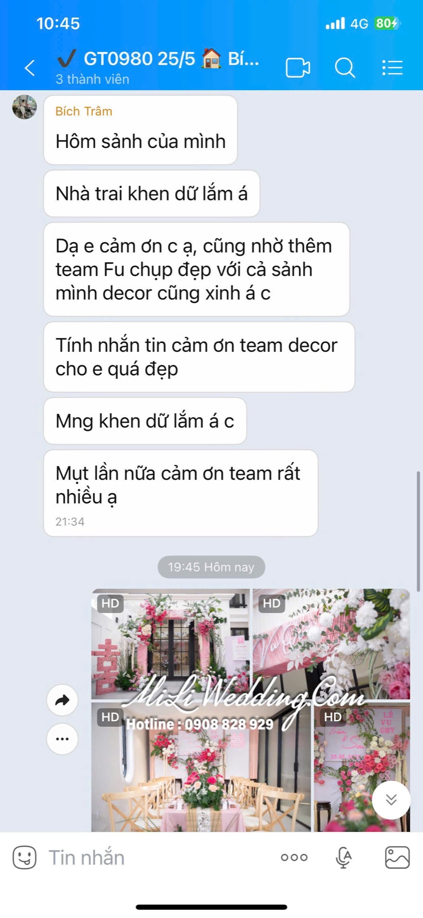 Tin nhắn phản hồi thực tế của khách hàng Bích Trâm sau buổi lễ