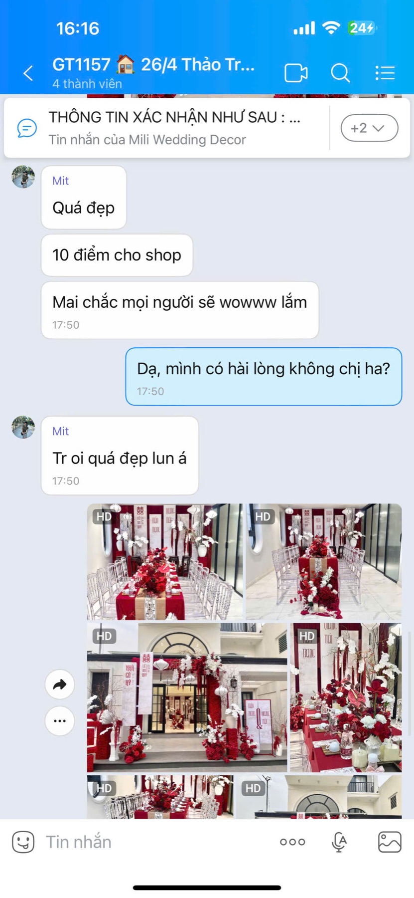 Tin nhắn cảm ơn thực tế của khách hàng sau lễ vu quy tại Mili