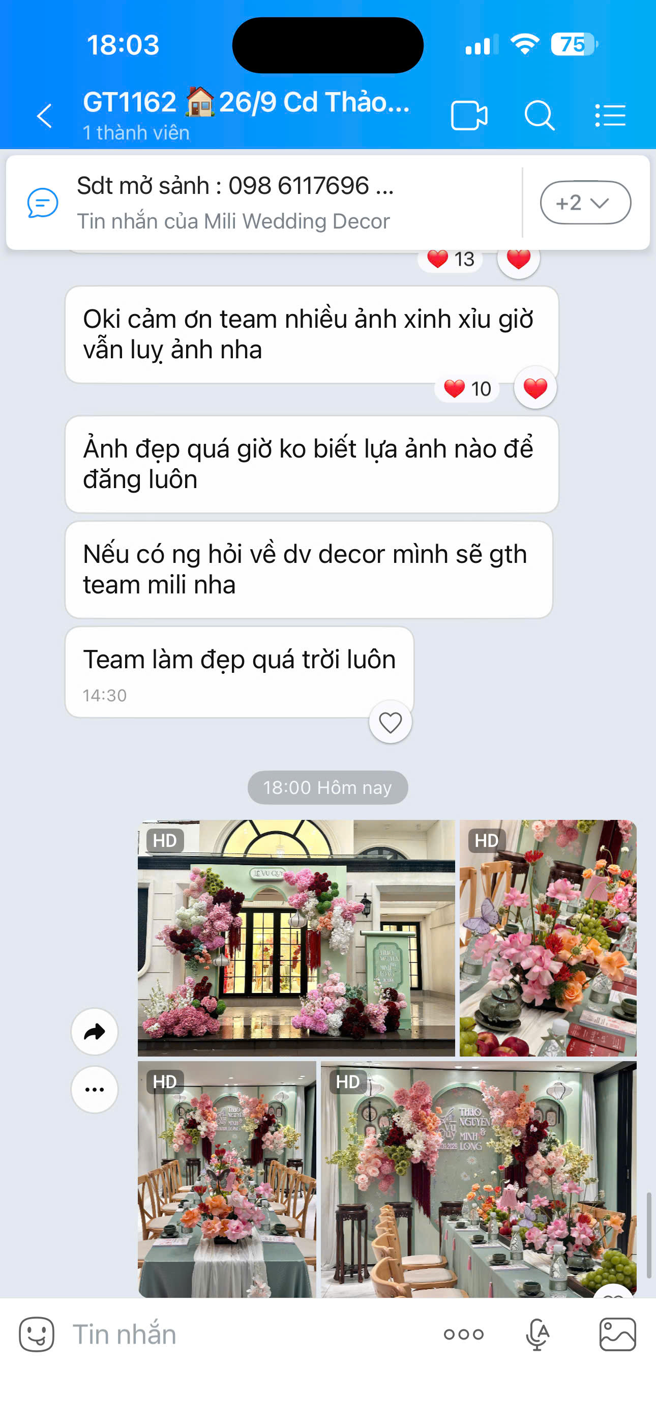 Tin nhắn Zalo khách hàng cảm ơn đội ngũ và khen hình ảnh, decor tại Mili
