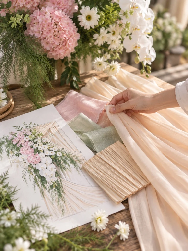 Ảnh minh họa AI: lựa chọn chất liệu và bảng màu hồng kem
