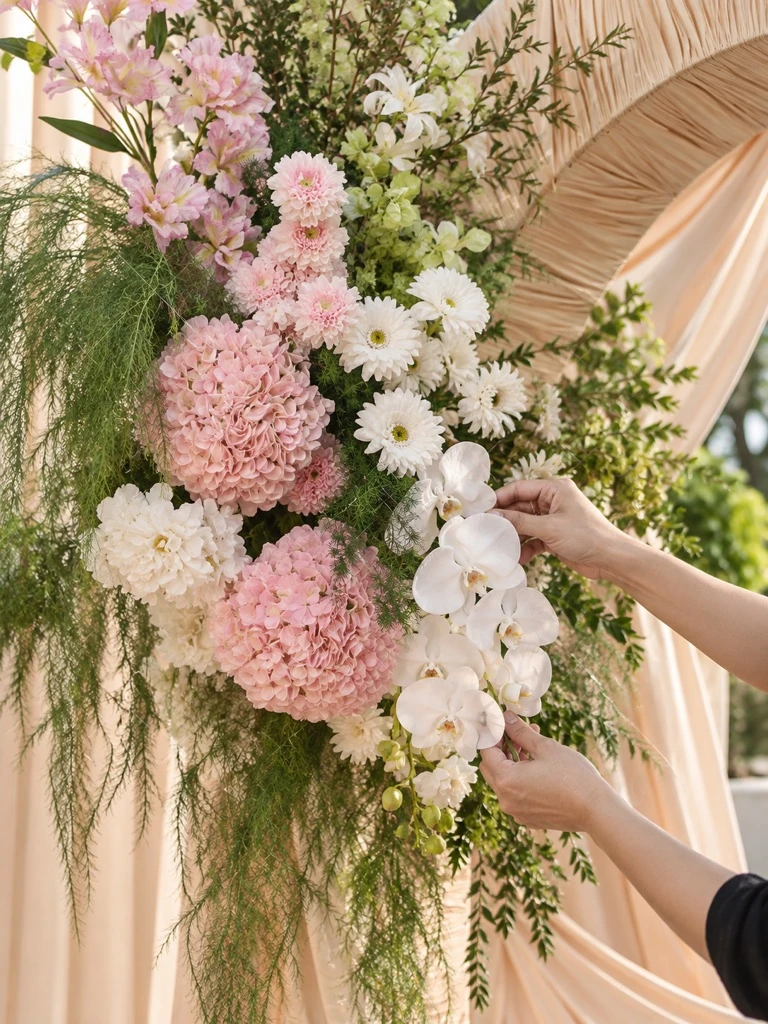 Ảnh minh họa AI: người thợ hoàn thiện hoa cẩm tú cầu hồng và lan trắng