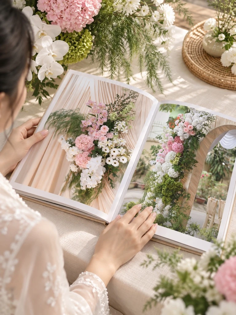 Ảnh minh họa AI: album cảm hứng trang trí cưới trong buổi tư vấn